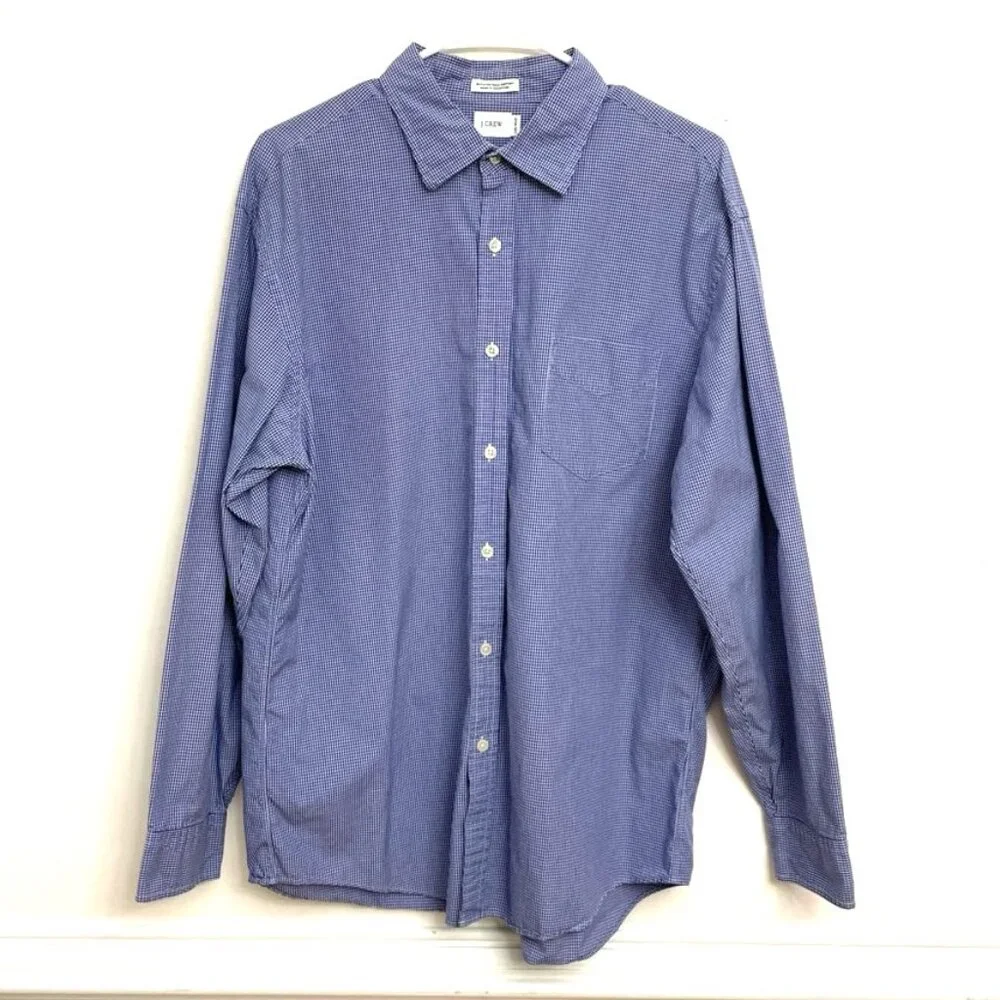 J Crew 80's 2-Ply‎ 100% Cotton Button Up Shirt. Men's L Blue & White Plaid